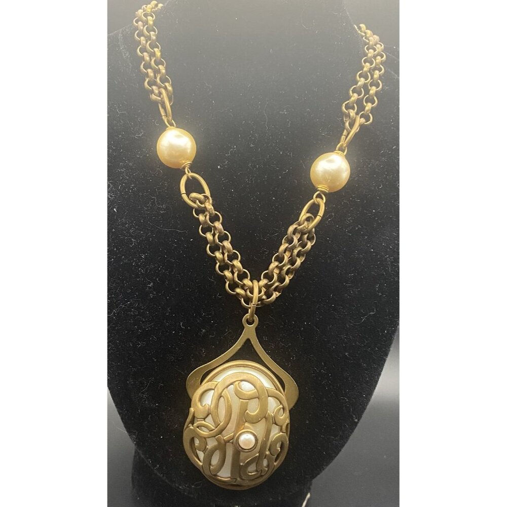 Signed Jan Michaels Art Nouveau Necklace Gold Brass Tone Caged Pearl Rolo Chain - Picture 2 of 8